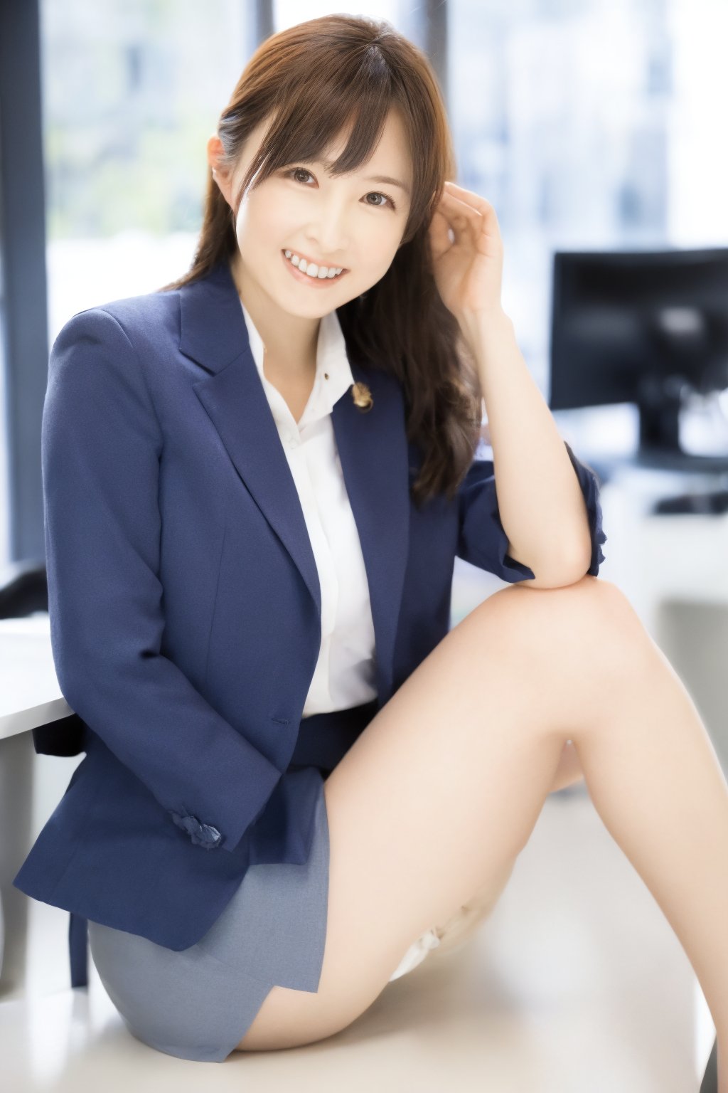 A Japanese woman, business jacket, cotton tight skirt, smiling face, kind eyes, (beautiful legs with skin tone: 1.4), office, eyes drawn in detail, facial expression drawn in detail and beautifully,