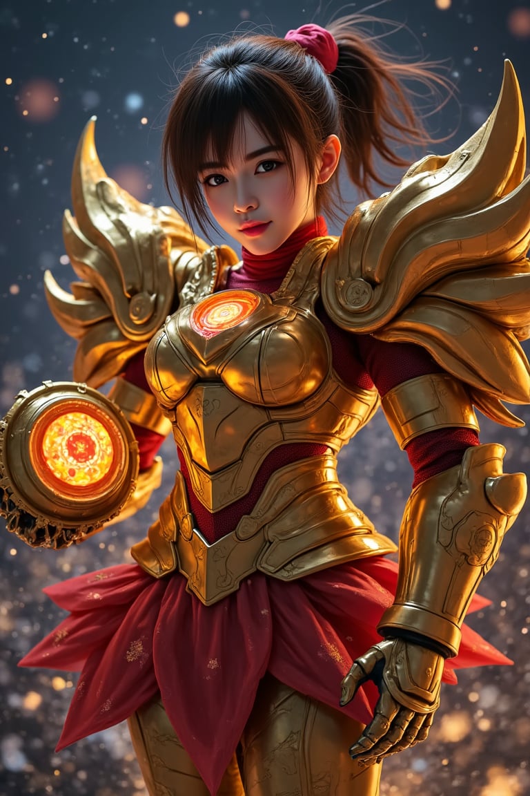 A girl,gold-dark red full body, mega Mibu Kyochiro armor holding Muramasa, colorful glow light inside, flying on the nepturn dark night sky, high quality, high resolution