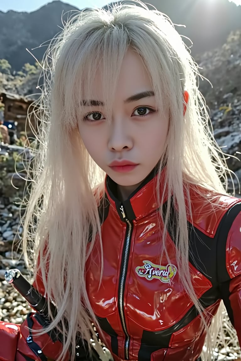 4K, UHD, masterpiece, cute Asian girl with white skin long white hair Looking straight at the camera She wears a form-fitting red robot suit with a "Blade" badge in cyberpunk style. She holds a samurai sword, bright light, portrait, straight shot, cinematic.