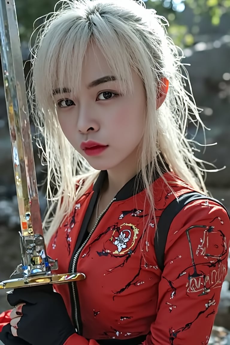 4K, UHD, masterpiece, cute Asian girl with white skin long white hair Looking straight at the camera She wears a form-fitting red robot suit with a "Blade" badge in cyberpunk style. She holds a samurai sword, bright light, portrait, straight shot, cinematic.