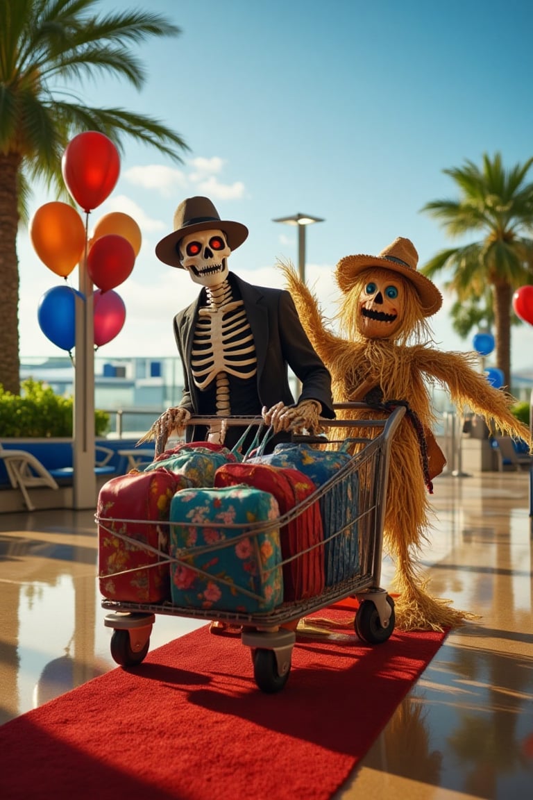 A hauntingly delightful scene: A skeleton vampire in a dapper suit and fedora, alongside a scarecrow, push a luggage cart filled with vacation bags at an airport. The duo's eerie silhouettes are set against a bright, sunny backdrop, with a red carpet leading to the departure gates. The holiday theme is palpable as festive decorations and balloons surround them, creating a surreal yet whimsical atmosphere.