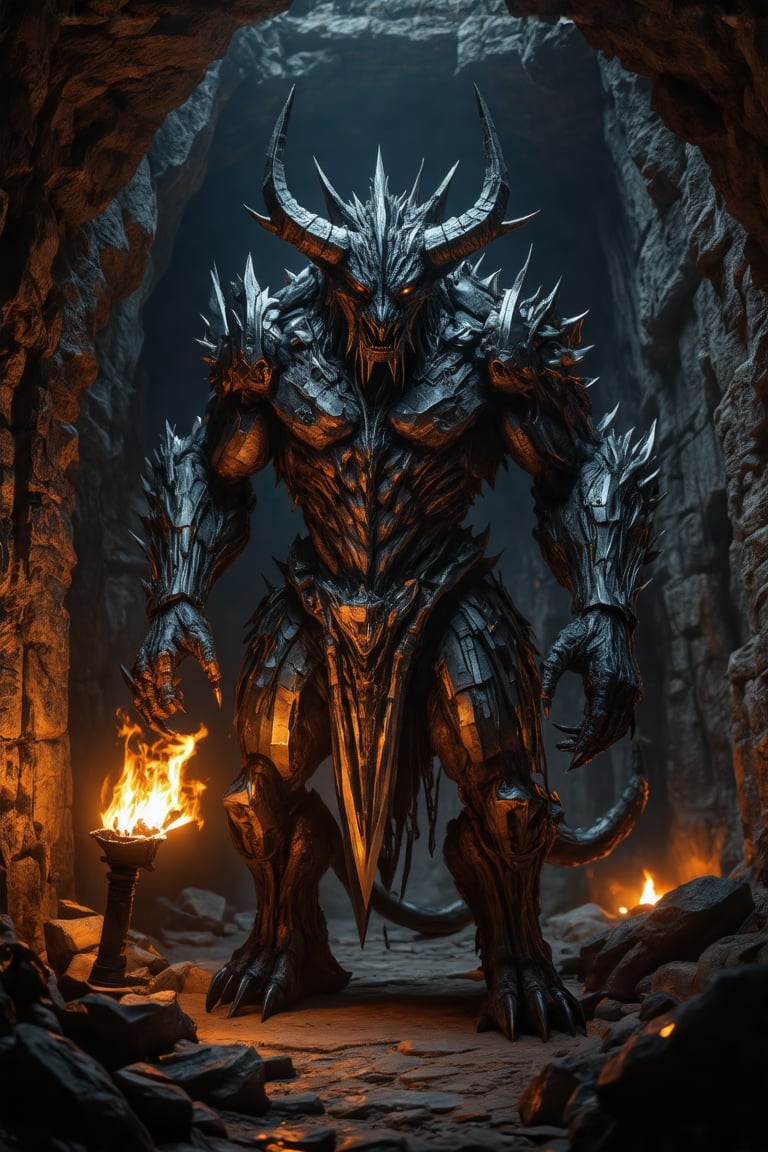 A massive demon-like creature with mechanical enhancements, its horned head and razor-sharp claws grafted onto a cybernetic body, stands tall in a dimly lit cavern. The walls of the ancient stone chamber are rough-hewn, casting eerie shadows on the metal and scales that cover the beast's form. A flickering torch casts an otherworldly glow, illuminating the creature's imposing stance as it gazes out into the darkness.