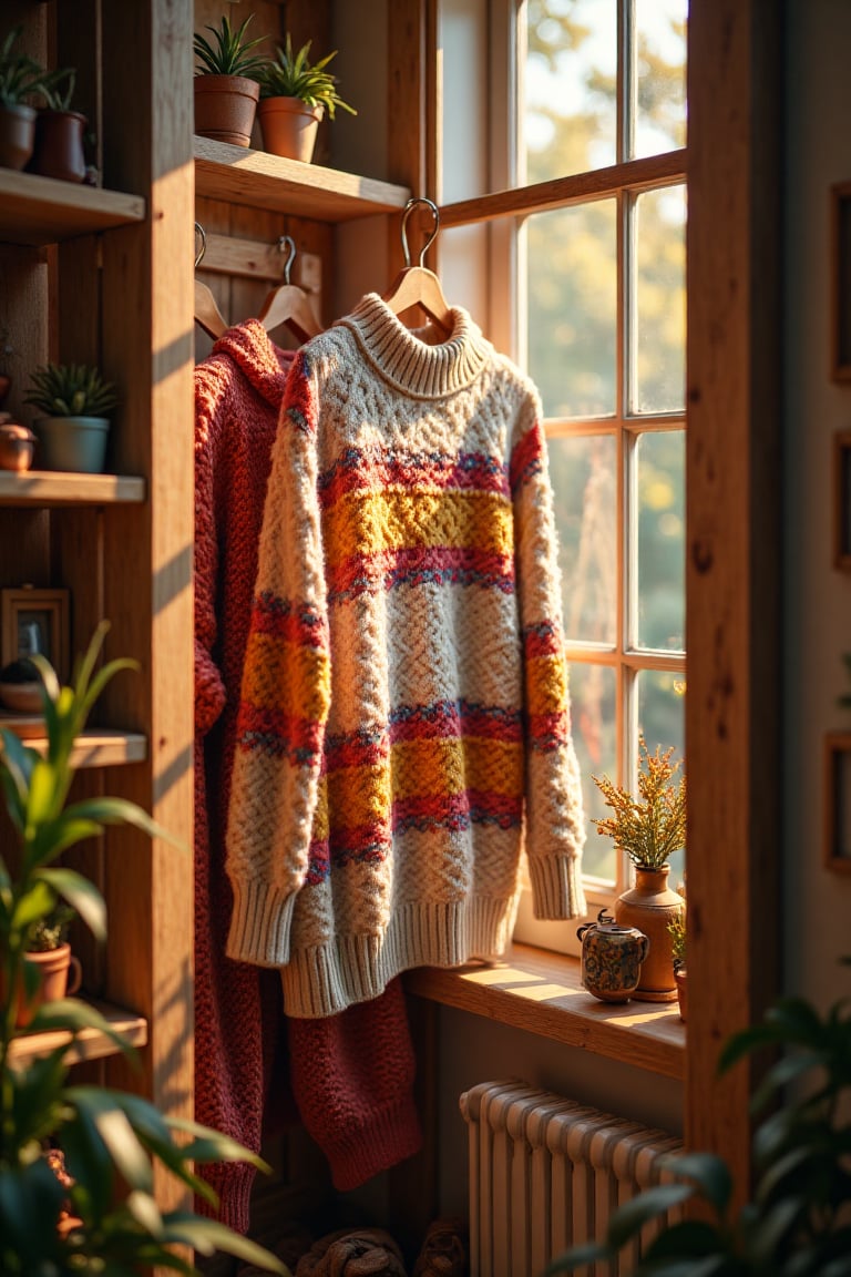 A realcarton scene captures a warm and cozy sweater casually hanging on a wooden coat rack,  its soft yarn texture glisten...