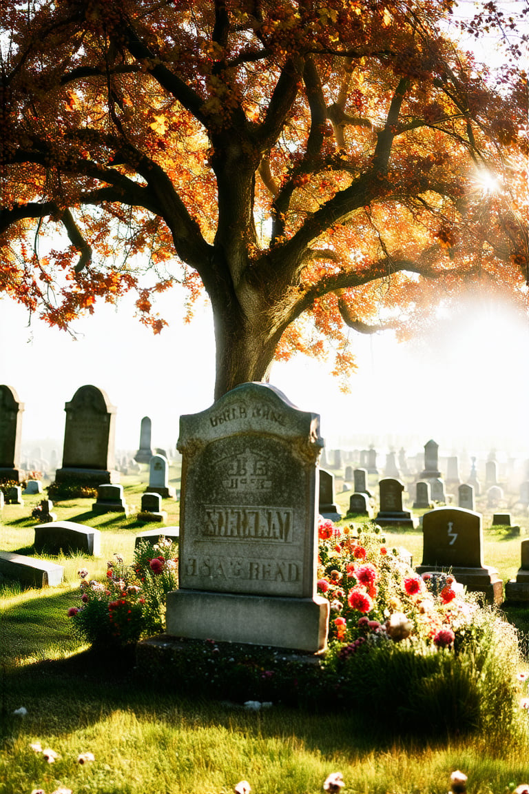 A serene scene unfolds: a delicate flower garden surrounds a weathered tombstone, adorned with lush greenery and autumn leaves. A majestic tree, its branches heavy with ripe fruit, towers in the background, its beauty juxtaposed with the solemnity of the grave. The warm sunlight casts long shadows across the grassy terrain, as if celebrating the fleeting nature of life.