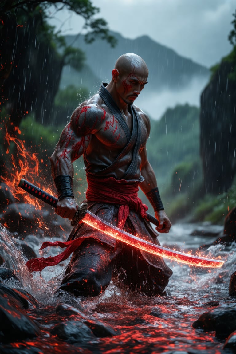 A majestic bald warrior emerges from the turbulent rain-soaked waters, katana at the ready as the stormy background swirls in defocused chaos. Water droplets glisten on his chiseled physique, accentuating the deep crimson hue of his wounds. His piercing gaze burns with an otherworldly intensity, radiating power and mythic aura. The red-stained blade shines like a beacon, suspended between the warrior's flexed arm and the dark, mystical landscape. Black rain-soaked mist shrouds the distant hills, as the warrior stands victorious, his very presence seeming to command the tempestuous sky.