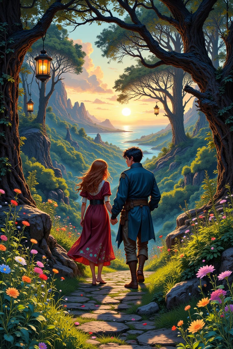 In the heart of a dense,  ancient forest,  a winding path of moss-carpeted stones meanders through lush green foliage. The...