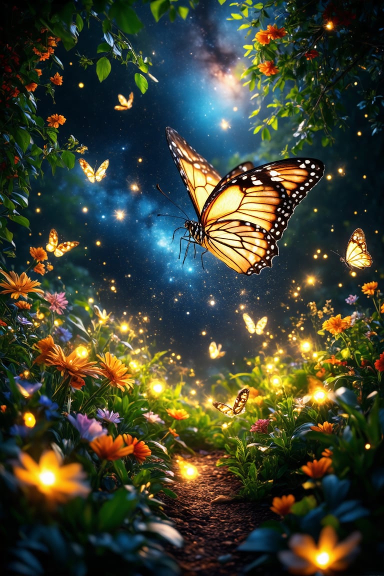 In a whimsical summer evening scene, fireflies dance amidst a lush garden filled with vibrant flowers. A majestic butterfly, its wings shimmering in the soft light, hovers above a bed of blooming petals. As the camera pans out, the viewer is transported to a distant galaxy, where stars twinkle like diamonds against a dark canvas, their sparkle reflecting the magical atmosphere of the terrestrial scene.