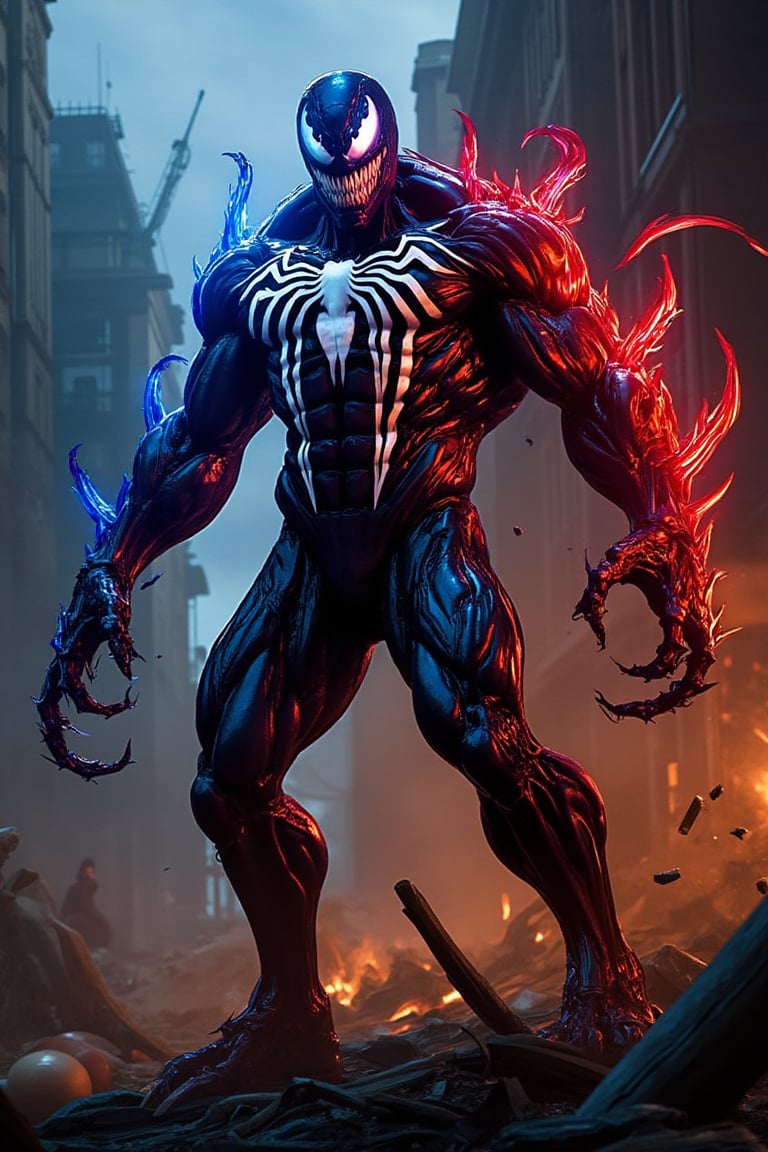 A realistic Venom symbiote stands atop a ruined building, its body covered in sharp, glowing crystal spikes. Wrapped in raging red and blue flames, its menacing expression conveys intense anger. The scene is cinematic, with dramatic lighting emphasizing the symbiote's creepy, sci-fi presence. The composition frames Venom as the central figure, towering over the destruction below, creating a tense and eerie atmosphere.