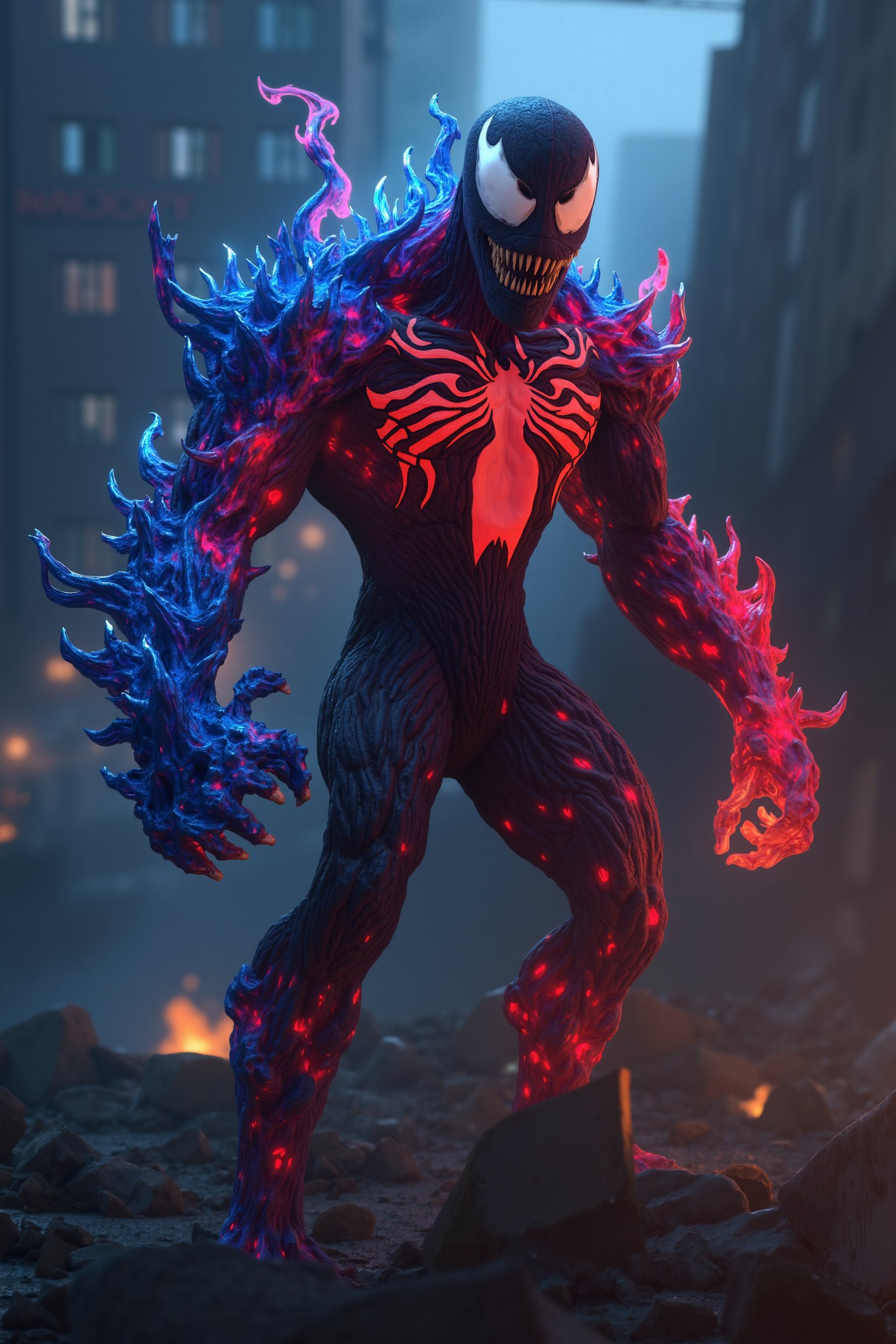 A realistic Venom symbiote stands atop a ruined building, its body covered in sharp, glowing crystal spikes. Wrapped in raging red and blue flames, its menacing expression conveys intense anger. The scene is cinematic, with dramatic lighting emphasizing the symbiote's creepy, sci-fi presence. The composition frames Venom as the central figure, towering over the destruction below, creating a tense and eerie atmosphere.