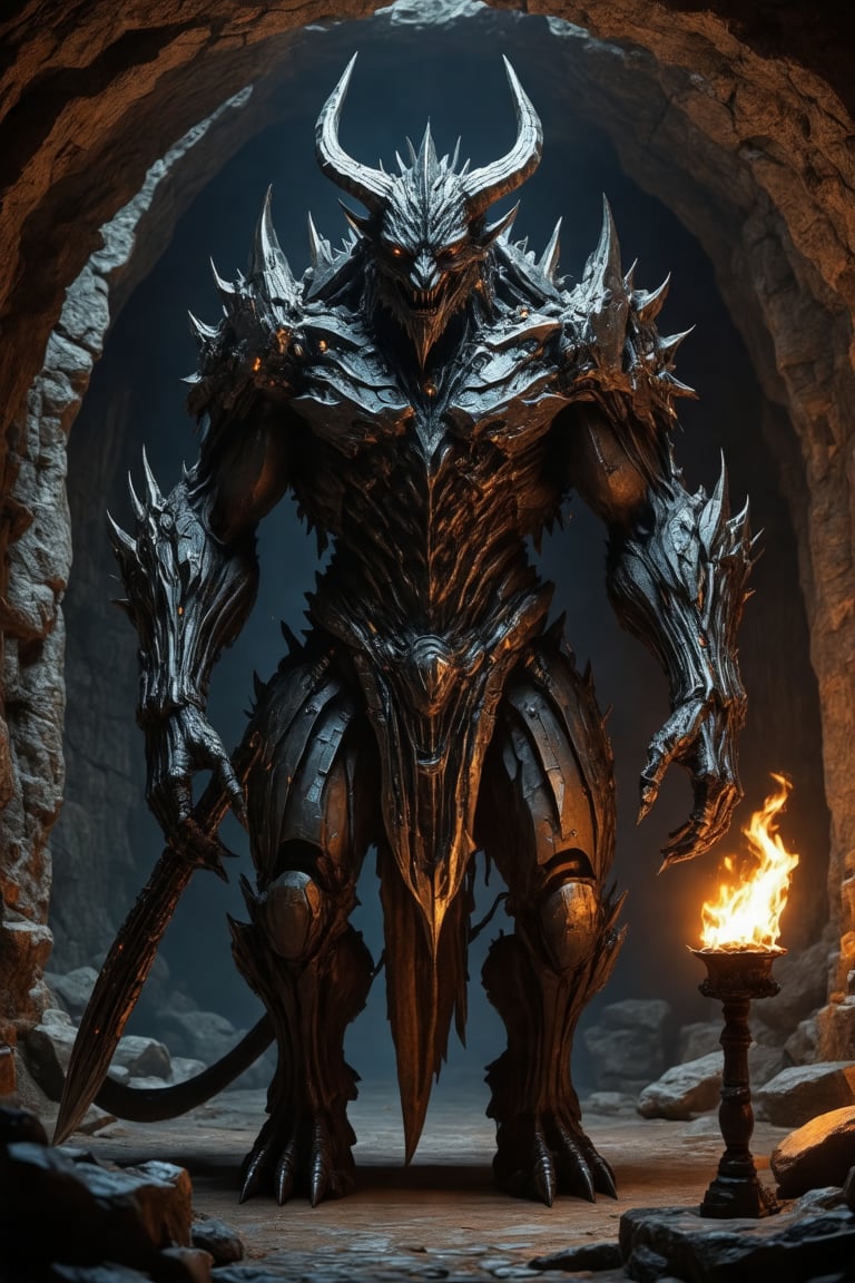 A massive demon-like creature with mechanical enhancements, its horned head and razor-sharp claws grafted onto a cybernetic body, stands tall in a dimly lit cavern. The walls of the ancient stone chamber are rough-hewn, casting eerie shadows on the metal and scales that cover the beast's form. A flickering torch casts an otherworldly glow, illuminating the creature's imposing stance as it gazes out into the darkness.