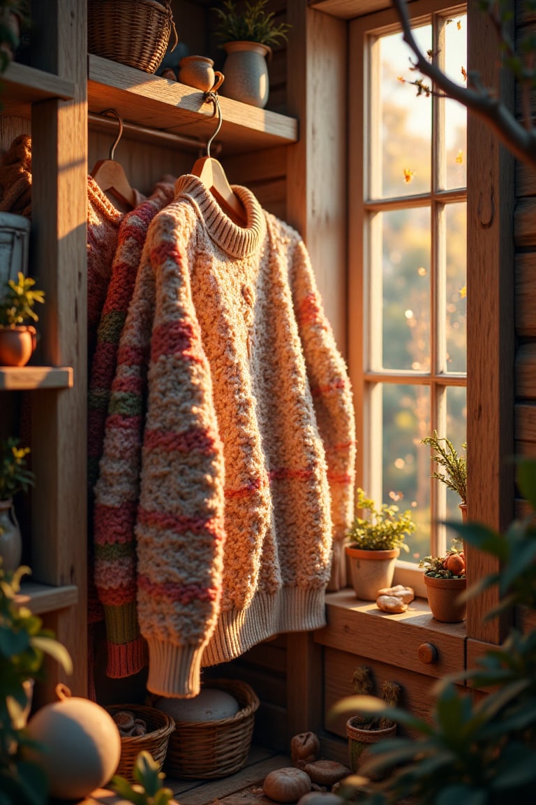 A realcarton scene captures a warm and cozy sweater casually hanging on a wooden coat rack,  its soft yarn texture glisten...
