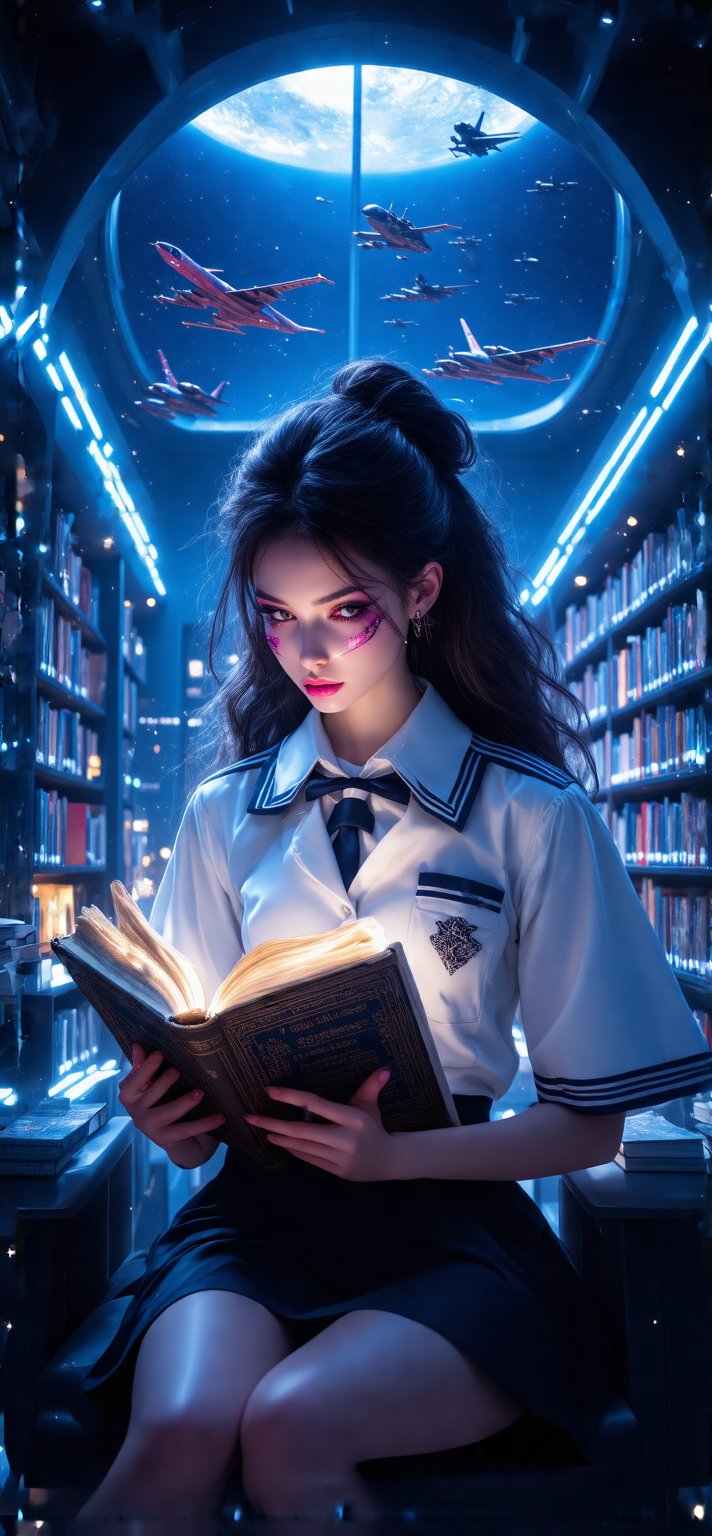 Cinematic shot of a striking woman with piercing eyes, defined eyeliner, and rosy pink lipstick, donning a crisp white high school uniform with navy trim. She sits amidst the sleek, futuristic lines of Zaha Hadid-inspired architecture in a state-of-the-art library. Cold neon lights cast an otherworldly glow as she intently reads an ancient tome. Through the expansive window, flight vehicles soar against a brilliant blue sky. The woman's focused gaze is framed by the dynamic composition of futuristic architecture and aerial activity in the background.