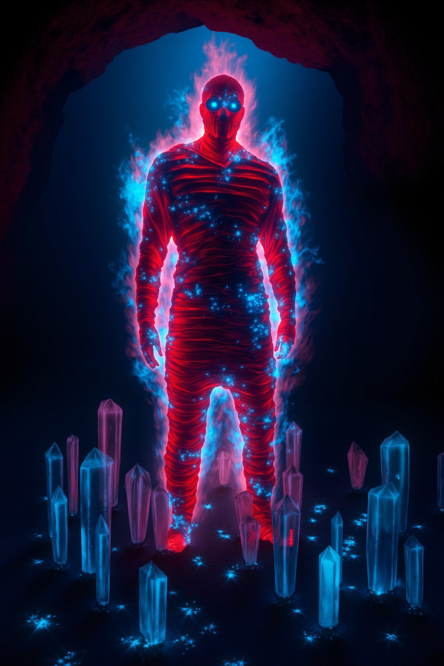 A mummy stands in the center of a dark cave filled with glowing crystals, its body engulfed in swirling red and blue flames. The mummy's eyes shine brightly, contrasting against the dark surroundings. The scene is framed with the mummy as the focal point, illuminated by the fiery aura and the ambient light from the crystals. The composition emphasizes the eerie yet mesmerizing atmosphere, with the mummy's intense gaze drawing attention amidst the mystical environment.