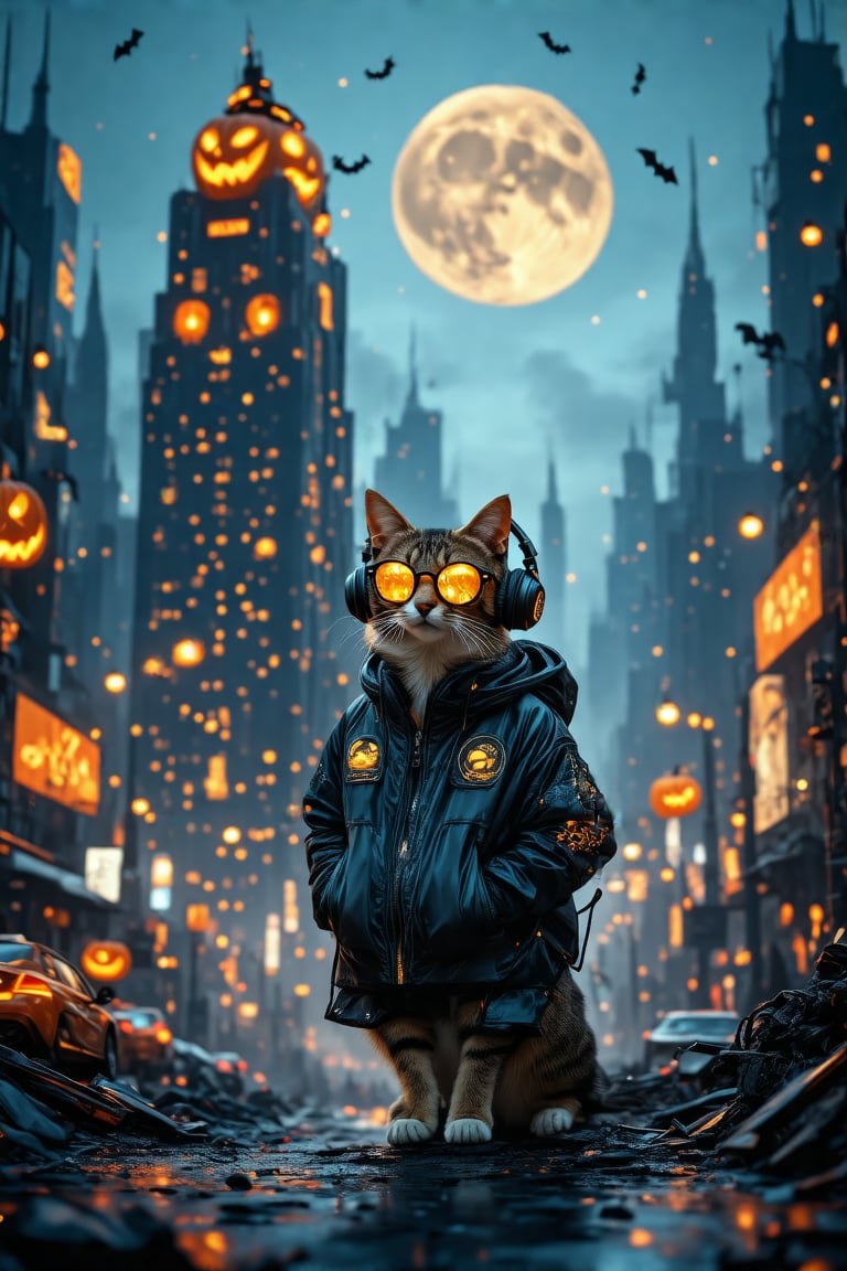 Mid-sunset, a cat stands confidently, dressed in a sleek jacket, headphones, and glasses, amidst a cyberpunk urban landscape. In the background, a massive commercial building is transformed into a Halloween spectacle, its towering facade aglow with eerie lights. The metropolis stretches out, bathed in warm city lights, as the moon rises high in the sky, surrounded by a canvas of twinkling stars. The cat's gaze is fixed on the digital scenery, its eyes glowing softly in the fading light.