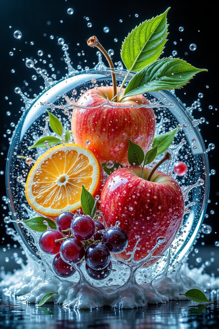 A fantastic close-up macro shot of various fruits made entirely of water,  each fruit vividly detailed and transparent. Th...
