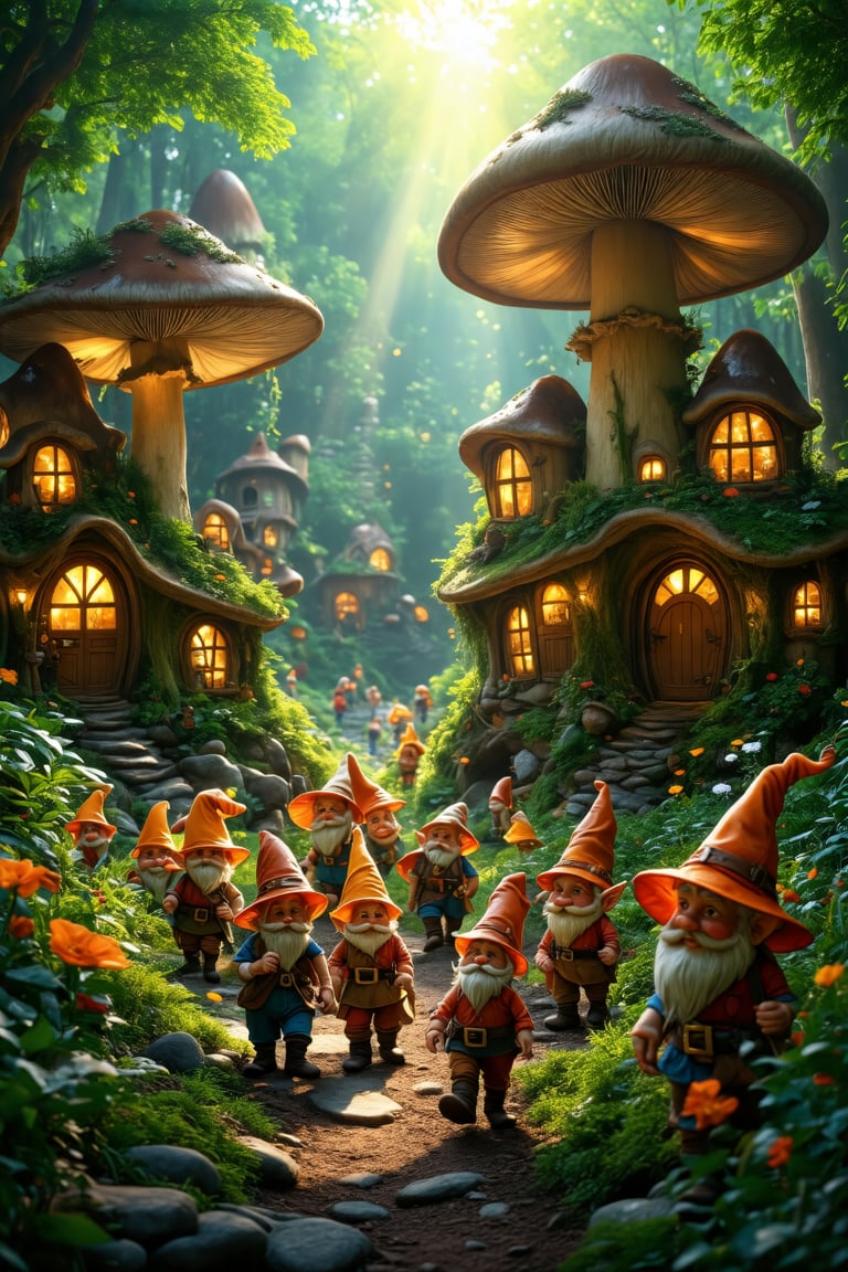 A serene afternoon in the whimsical mushroom village unfolds as the warm sunlight casts a gentle glow on the intricate, glowing windows and wooden doors of the giant fungal structures. A group of cheerful dwarves, sporting scattered bright hats, meander along rocky paths and lush green hills, their carefree interactions filling the air with joyful chatter. Amidst the vibrant flora, miniature decorations and delicate flowers add to the enchanting atmosphere, as a sense of wonder and magic permeates the scene, inviting the viewer to step into this fantastical world.