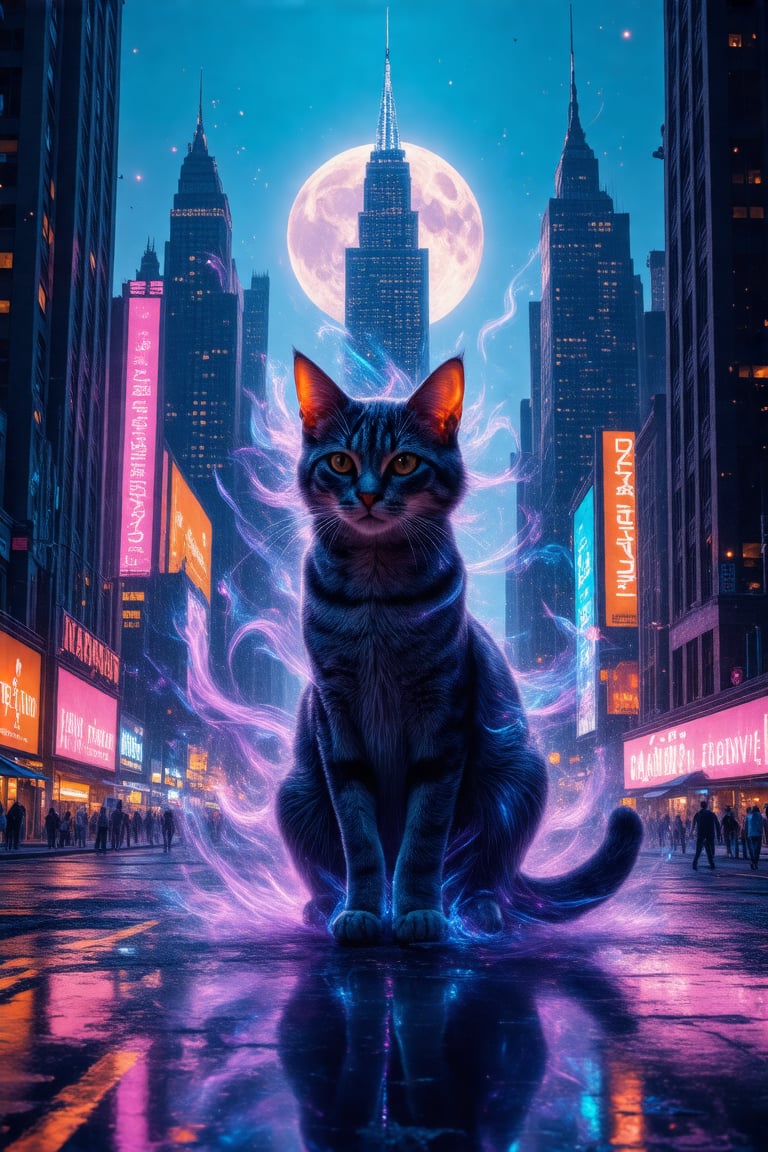 A futuristic cityscape unfurls like a canvas of electric blues and neon whites at dusk. Amidst the towering skyscrapers and glowing advertisements, a majestic cat materializes as a silhouetted figure against the urban backdrop. Double exposure techniques blend the feline form with fantastical elements, as swirling purple mist and ethereal wisps dance around its regal presence. Vibrant hues of pink, orange, and turquoise illuminate the city's towering architecture, while the cat's sleek, full-body pose exudes confidence amidst this otherworldly metropolis. A white background serves as a beacon, guiding the viewer's gaze to the mesmerizing union of fantasy and reality.