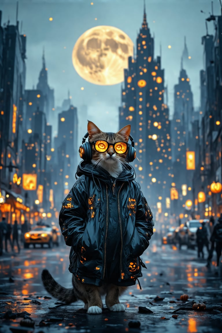 Mid-sunset, a cat stands confidently, dressed in a sleek jacket, headphones, and glasses, amidst a cyberpunk urban landscape. In the background, a massive commercial building is transformed into a Halloween spectacle, its towering facade aglow with eerie lights. The metropolis stretches out, bathed in warm city lights, as the moon rises high in the sky, surrounded by a canvas of twinkling stars. The cat's gaze is fixed on the digital scenery, its eyes glowing softly in the fading light.