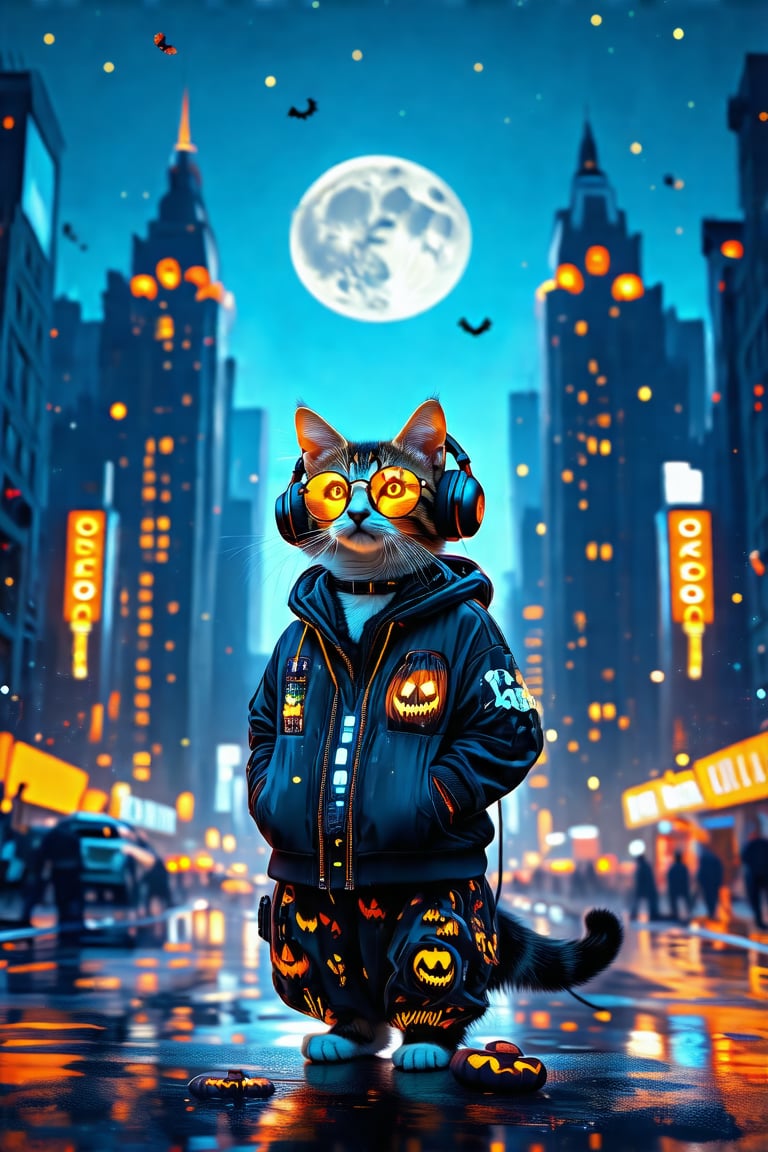 Cat, standing, wearing jacket, headphones, glasses, cyberpunk style, digital scenery of a big commercial building decorated with halloween theme in the middle of a metropolis in a european city, sunset, big moon, sky full of stars, city lights,