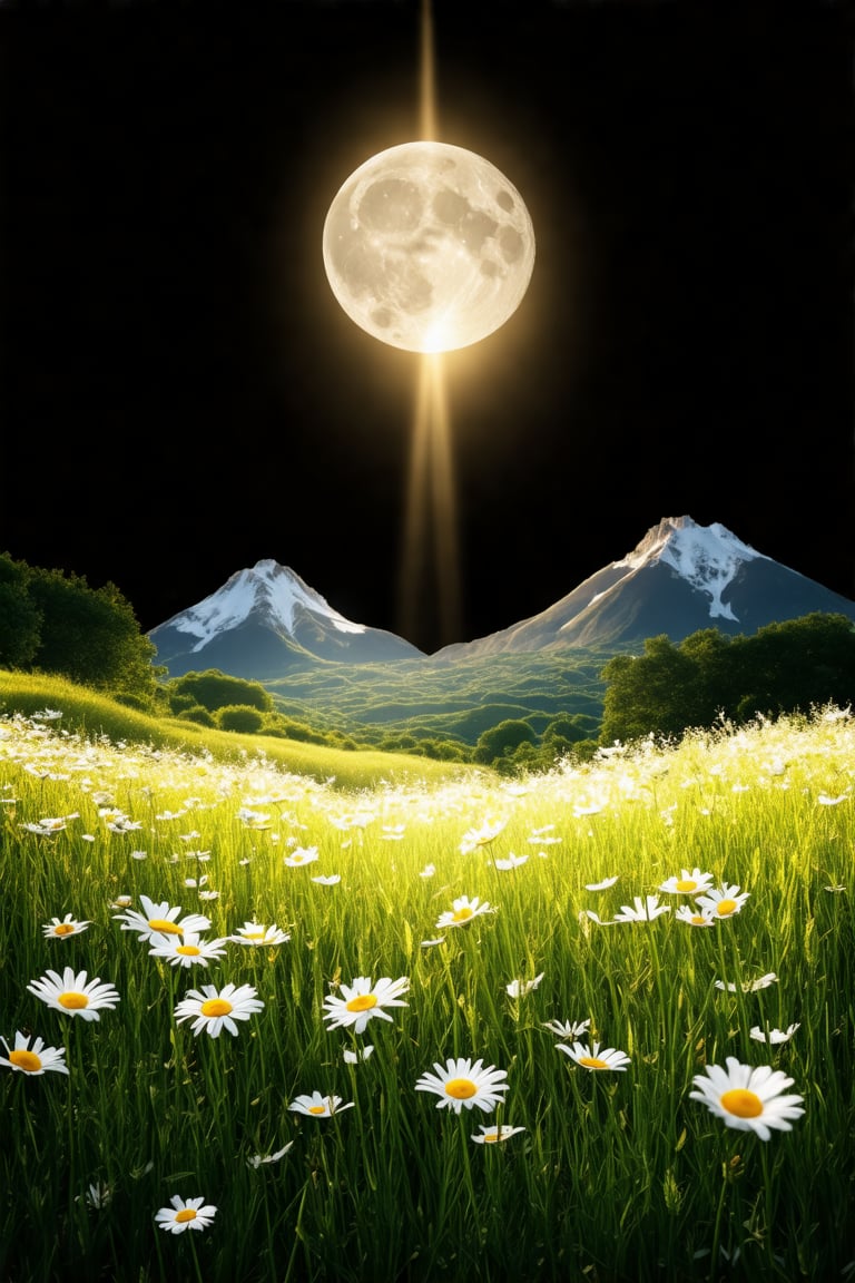 a vibrant array of flowers, including daisies, are seen in a field of tall grass. The flowers are white with a yellow center, adding a pop of color to the scene. The background is a deep black, creating a stark contrast to the vibrant colors of the flowers. The sun is shining through the tall grass, adding depth to the composition. The sky, a moon, and a mountain range can be seen in the upper right corner of the frame.