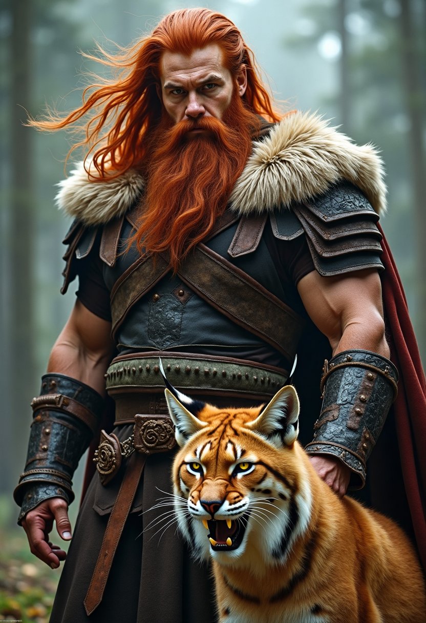 photography, photograph. A towering figure, muscles rippling beneath weathered skin. Unkempt red long hair the color of burning embers falls in wild disarray with a trimmed red beard. Rugged features, a strong jawline. Smoldering green eyes with primal intensity. Clad in armor crafted from layered hides, furred pelts draped over broad shoulders. Leather vambraces, with a great cloak of matted fur billows behind.

At his side, a massive lynx, powerfully muscled with a thick pelt marked in shades of tawny brown. Piercing yellow eyes that seem to glow with fey light. Wicked claws extended from broad paws, fangs bared in a perpetual snarl.