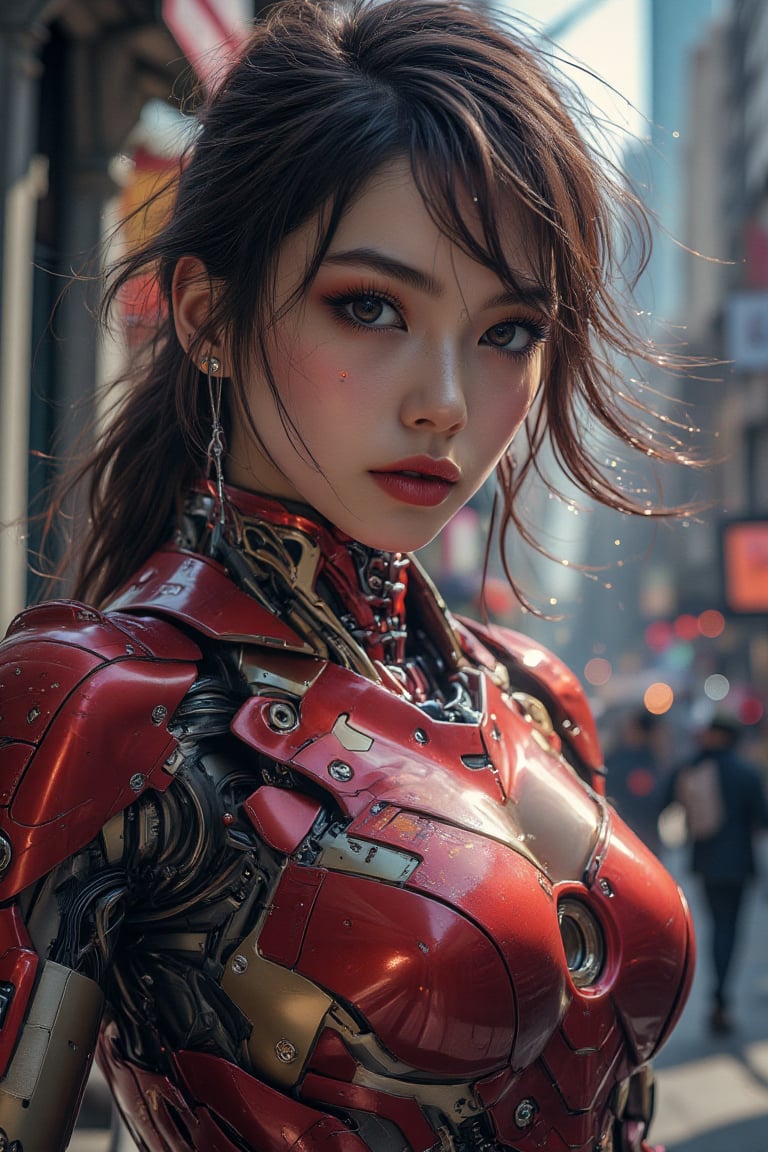 head to thigh shot, beautiful mechanical pinup girl, android humanoid girl, beautiful Asian girl's face is directed into the frame, Masterpiece, Professional, Top Quality, High Resolution, High Detail, Perfect Detail, Female Sexy Body, Hand Detail, Intricate Design, Mechanical Detail, Sexy Metal Armor, Iron Man Suit, red armor yellow dot, Mechanical Joints, Electronic Structure, Humanoid Robot, Face Detail, Mechanical Detail, Metal Material, Armor Detail, Advanced Technology, Cyberpunk Style, Metallic Color, High-Tech Cyberpunk, Mecha, Perfectly Customized High-Tech Suit, Detailed Feet and Well-Defined Toes, (Mechanical blend of flesh), Full HD render + immense detail + dramatic lighting + well lit + fine | ultra_detailed realism, full body art, lighting, high_quality, engraved | highly detailed | digital painting, artstation, concept art, smooth, sharp focus, nostalgic, сity from above