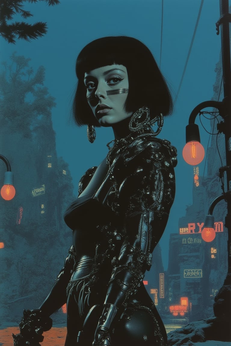 A mechanical anime girl with a blend of flesh and metal stands strikingly in front of a darkened cityscape at dusk. The android's porcelain-like skin glows under the warm light of nearby street lamps, while her metallic components shine with a subtle sheen. Her full-body art is intricately detailed, from the fine lines on her face to the engraved patterns on her robotic limbs. A sharp focus captures every nuance of her features as she stands in a pose of quiet contemplation, surrounded by the soft glow of neon lights.,#wb,/mono