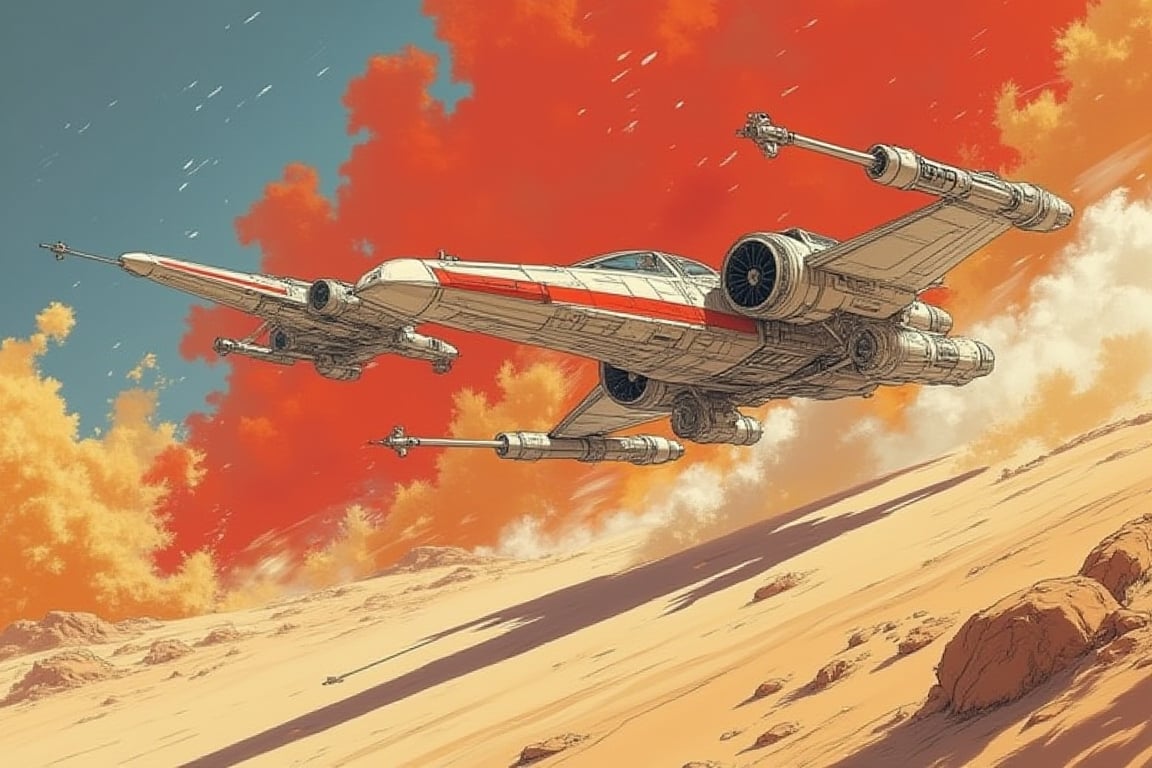 Star Wars spaceships bravely fight each other on the brink of death, with desert and explosions in the background, wreckage left by the battle, Japanese retro style, cartoon, two-dimensional,#swh2