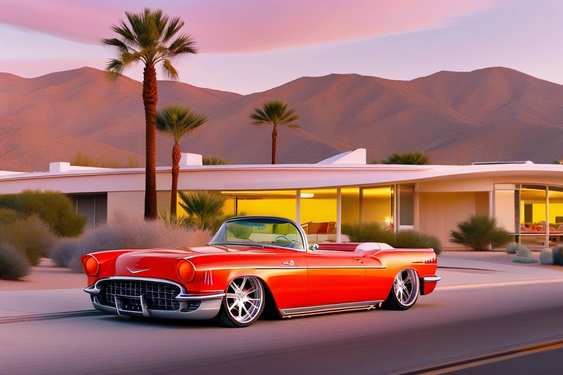 Golden hour glows on the retro-inspired Palm Springs landscape. A cherry-red convertible, polished chrome gleaming, sits at an angle on the serpentine road, surrounded by verdant hills. The iconic mid-century modern architecture of Palm Springs rises in the distance, its rounded lines and geometric shapes a striking contrast to the sun-kissed desert scenery.