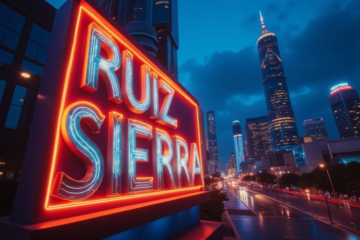 A close-up shot of a massive, illuminated sign board reading 'RUIZ SIERRA' in bold, neon-lit letters against a dark blue sky. The sign's edges glow with a soft orange hue, while the main text shines bright silver. A cityscape unfolds in the background, with towering skyscrapers and bustling streets aglow.,#mrrsm