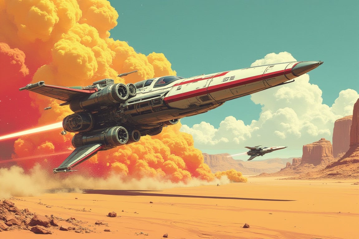 Star Wars spaceships bravely fight each other on the brink of death, with desert and explosions in the background, wreckage left by the battle, Japanese retro style, cartoon, two-dimensional,#strange2