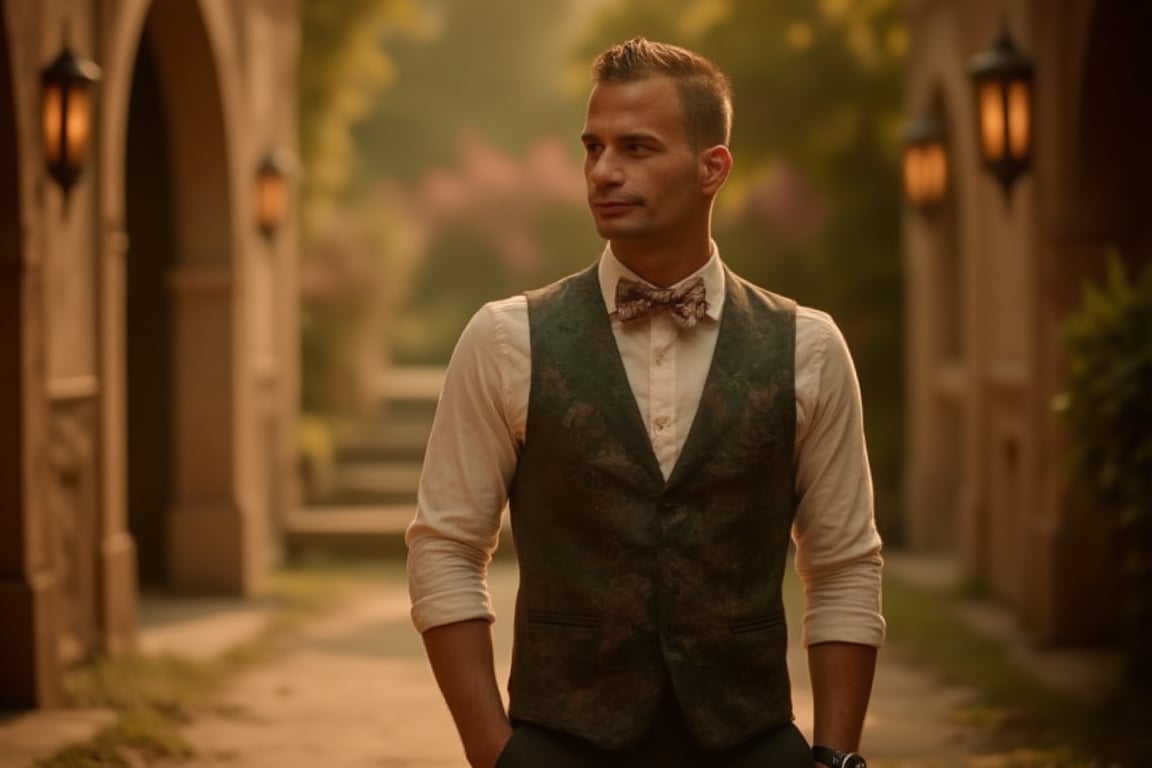 Softly lit, high-contrast, 80s-inspired, hyper-realistic scene of a suave, 30-year-old Middle Eastern man with a gentle smile, quiff hairstyle, and designer stubble, wearing a stylish outfit consisting of a white shirt, Persian-patterned bowtie, and a luxurious vest, posing with his right hand in his pants pocket, showcasing a Rolex wristwatch, set against a warm, sunlit doorway with a wooden staircase in the background, reminiscent of a wedding garden, captured with a Hasselblad 907X and XCD 30mm f/3.5 lens, with a muted color palette, low saturation, and a shallow depth of field, evoking the cinematic style of Stanley Kubrick.,#$atta1,#$atta3