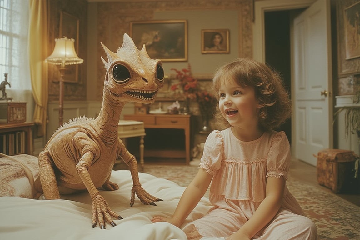 1990s hd color photograph of little girl with a grotesque baby Brachiosaurus creature with large eyes in the little girls bedroom,#strange,#aleienchrome