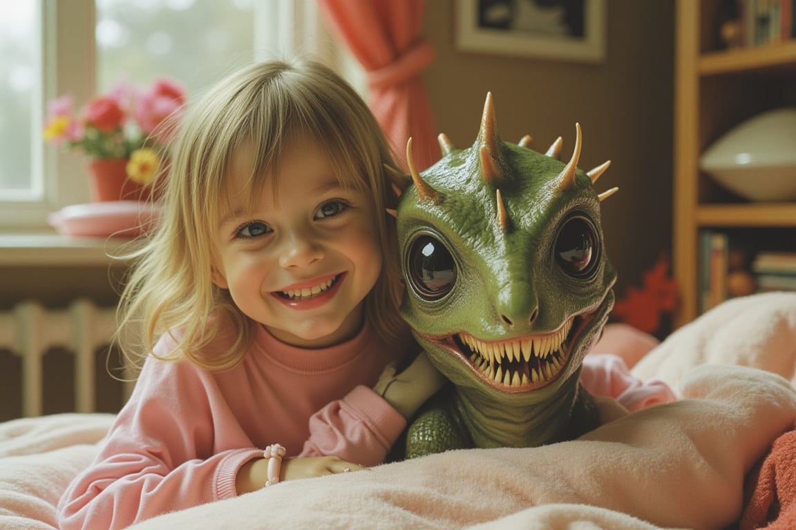 1990s hd color photograph of little girl with a grotesque baby Brachiosaurus creature with large eyes in the little girls bedroom,#cute2