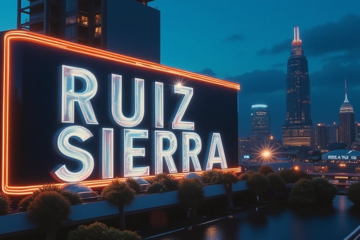 A close-up shot of a massive, illuminated sign board reading 'RUIZ SIERRA' in bold, neon-lit letters against a dark blue sky. The sign's edges glow with a soft orange hue, while the main text shines bright silver. A cityscape unfolds in the background, with towering skyscrapers and bustling streets aglow.,#mrrsm,#gseism