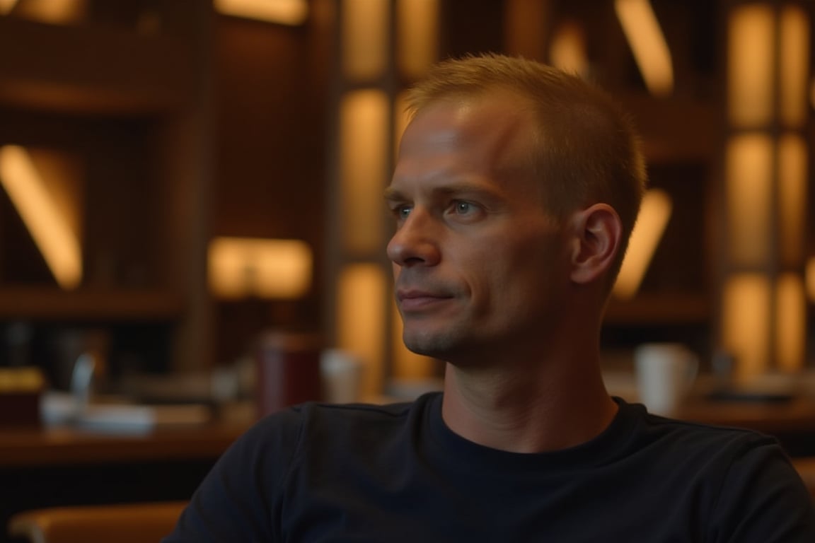 This photograph captures a close-up of a Caucasian man with short, light blonde hair and a clean-shaven face, gazing pensively to his left. He has a slender build and wears a simple, dark navy t-shirt. The background is blurred, featuring modern, geometric wooden paneling with a warm, amber glow. The setting appears to be an upscale, contemporary bar or lounge, with soft, ambient lighting that highlights the man's contemplative expression. The overall mood is serene and introspective.,ATTA