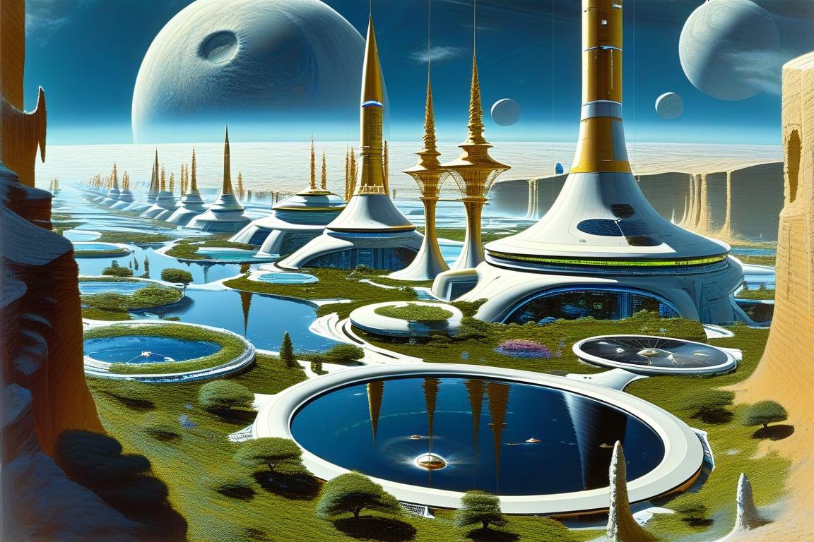 A futuristic space habitat on Jupiter's moon Europa, circa 1970's. The transparent dome allows for breathtaking views of the gas giant Jupiter in the background. Inside, hydroponic fields and orchards thrive amidst living spaces for human inhabitants. Fish ponds and laboratories dot the interior landscape. A transparent dome offers a glimpse into the self-contained AI factories orbiting Jupiter, harvesting materials and energy to fuel industrialized Jupiter. Inspired by Vincent Di Fate, John Berkey, Syd Mead, and Paolo Soleri's iconic futurism style.