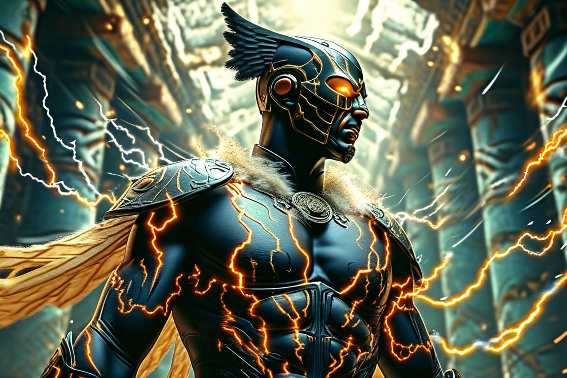 A dynamic action shot of Atta, dressed as a thunder god in flowing black battle armor with glowing, crackling veins of electricity coursing through it. He stands in the center of an ancient, mystical temple, surrounded by pillars engraved with lightning symbols, ready for combat. Captured with a high-speed Phantom Flex 4K camera, each movement is shown in stunning slow motion as he channels a storm of lightning from his hands, sending crackling bolts across the stone floor. Directed by John Woo, the scene is choreographed with cinematic precision—debris flies as Atta’s lightning shatters the pillars, while the camera circles around him, capturing every intense detail. Shafts of light break through cracks in the temple’s ceiling, illuminating Atta’s face as he gazes forward with the focus and strength of a god. Sparks dance in the air, and the rumble of thunder reverberates through the ancient hall, creating a sense of awe and impending danger. The wide-aperture lens adds depth, isolating Atta in a world of stormy, electric energy.,#$atta1,#atta,#baksidesign