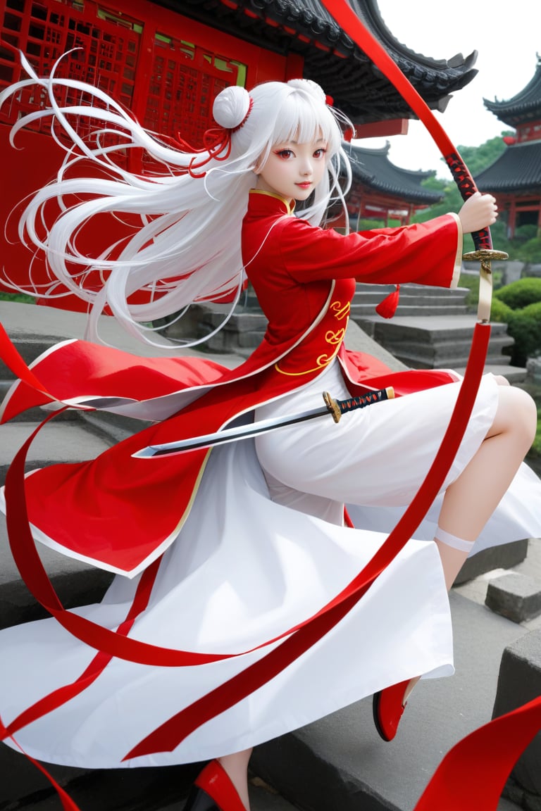 小女孩, 
Chinese style, fairy, white hair, sword, red hair ribbon, double bun.
Stand on the sword and fly in the air.,(chinese hanfu:1.2)