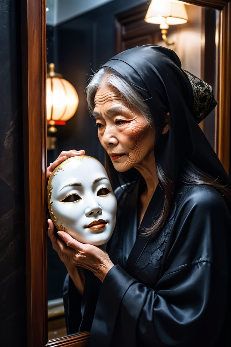 小林, 
The old woman is holding a beautiful human skin mask, covering half of her face.
Dark style, in front of the mirror, extremely realistic