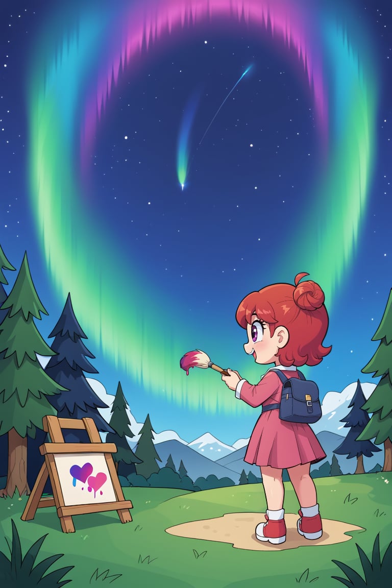 Aurora,  the little girl draws with a paintbrush in the night sky. Cute style clothes. by 喜愛大蜜桃 on Tensor.Art