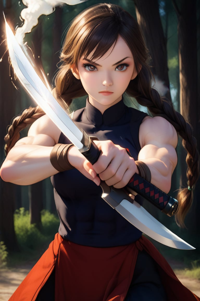 小林,完美五官比例.
Miss. Bronze skin. Bangs, braids, long hair.
Slender eyes. Monocle. A muscular woman with six arms each holding a weapon (kunai, sword, knife, gun, whip, ax)
Sexy breastplate. Fighting stance. Look at the audience. Jump action effects, spinning roundhouse kick. The forest is filled with smoke.
Beautiful, soft light, backlight. Movie special effects style.