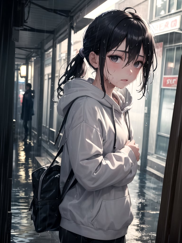 (masterpiece, better quality:1.25), solo, 1girl, female thief in rain, self hug, expressionless, (looking to the side), portrait, black eyes, black hair, ponytail, sidelocks, straight hair, hair between eyes, ahoge, (silver streak hair at front), streaked hair, (wet hair:1.2), (water droplets), grey hoodie with white drawstring, flat chest, (wet clothes), slum street background, night, (rain:1.2),