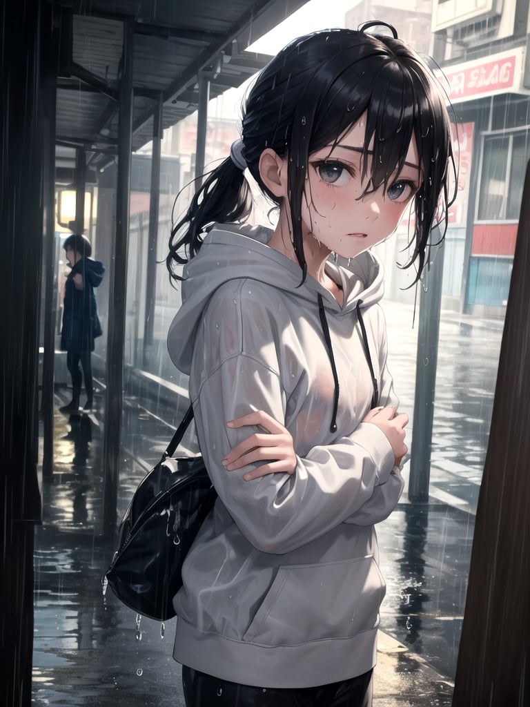 (masterpiece, better quality:1.25), solo, 1girl, female thief in rain, self hug, expressionless, (looking to the side), portrait, black eyes, black hair, ponytail, sidelocks, straight hair, hair between eyes, ahoge, (silver streak hair at front), streaked hair, (wet hair:1.2), (water droplets), grey hoodie with white drawstring, flat chest, (wet clothes), slum street background, night, (rain:1.2),