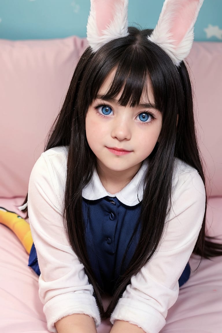 little girl lying on her front resting her face on her hands looking at the viewer, colorful and cheerful background, young,, alternative_costume, blueeyes, wide_hip, , school_uniform,furry female,animal ear,   fluff,body fur,bunny ears,fang, tail ,