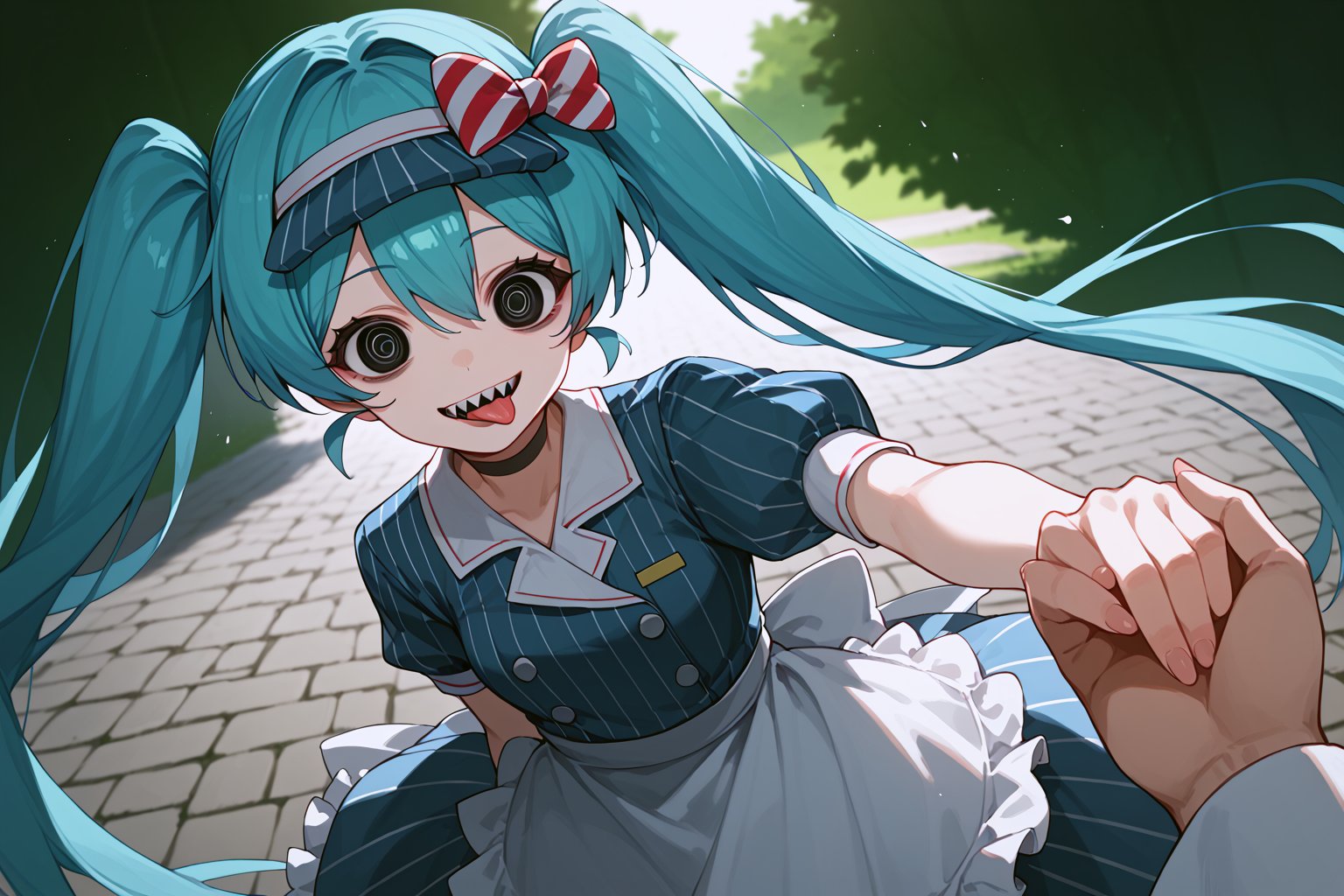 score_9, score_8_up, score_7_up, source_anime, solo, 1girl, mesmerizermiku, sharp teeth, crazy smile, black eyes, empty eyes, twintails, hair bow, tongue out