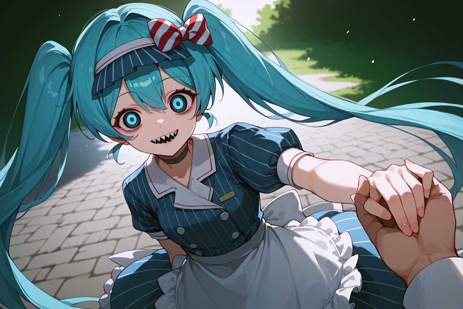 score_9, score_8_up, score_7_up, source_anime, solo, 1girl, mesmerizermiku, sharp teeth, crazy smile, black eyes, empty eyes, twintails, hair bow