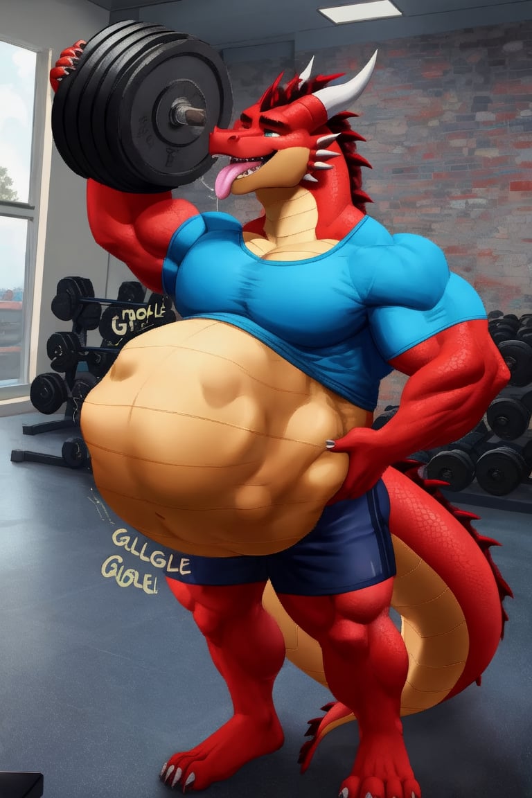 Huge Male Muscular dark red dragon, at a gym, (vore belly), (lifting weights), (digestion vore), (dark belly), (unwilling prey), (dragon) (wearing dark blue shorts and a bright blue shirt) (belching)