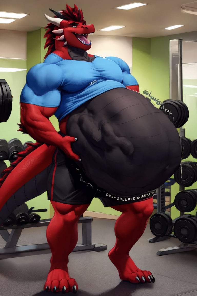 Huge Male Muscular dark red dragon, at a gym, (vore belly), (lifting weights), (digestion vore), (dark belly), (willing prey), (dragon) (wearing black shorts and a blue shirt) (belching),(wild belly)