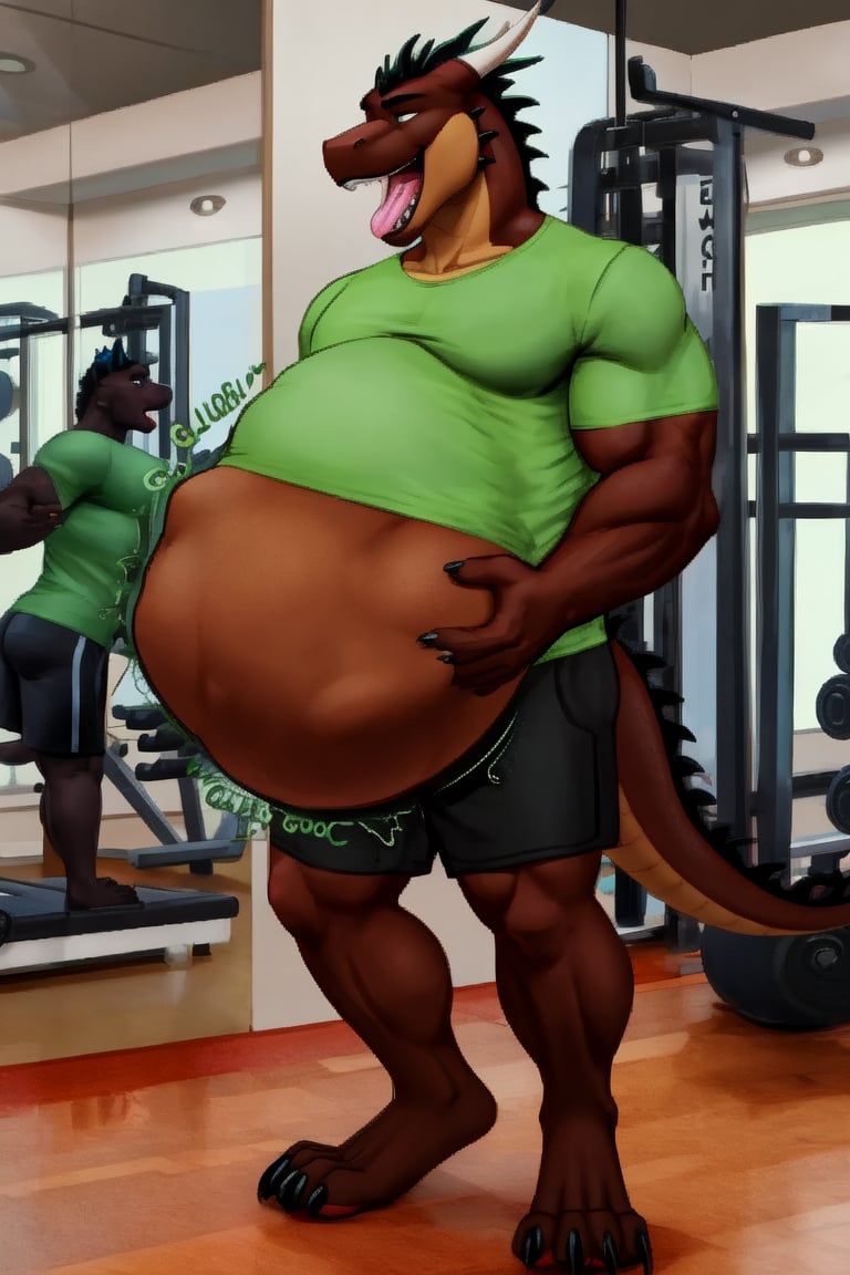 Huge Male Muscular Dark blue dragon, (( wearing a green t-shirt and black shorts)), at a gym,  (vore belly),  (lifting belly with one claw) , (Endo vore) (dark Brown belly) (belching),(unwilling prey),(digestion vore)